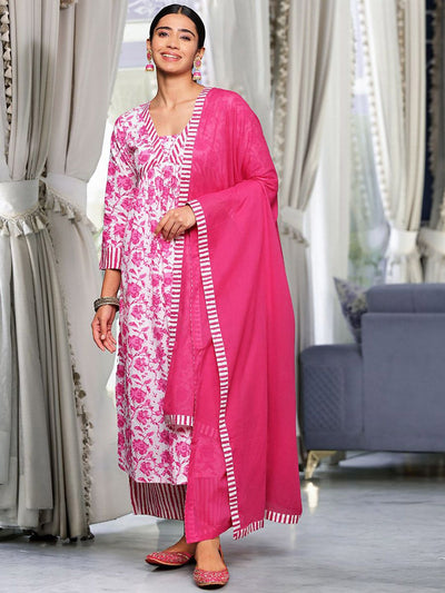 Indyancart VA Women'sPink Floral Printed Thread Work Pure Cotton Kurta With Palazzos & Dupatta