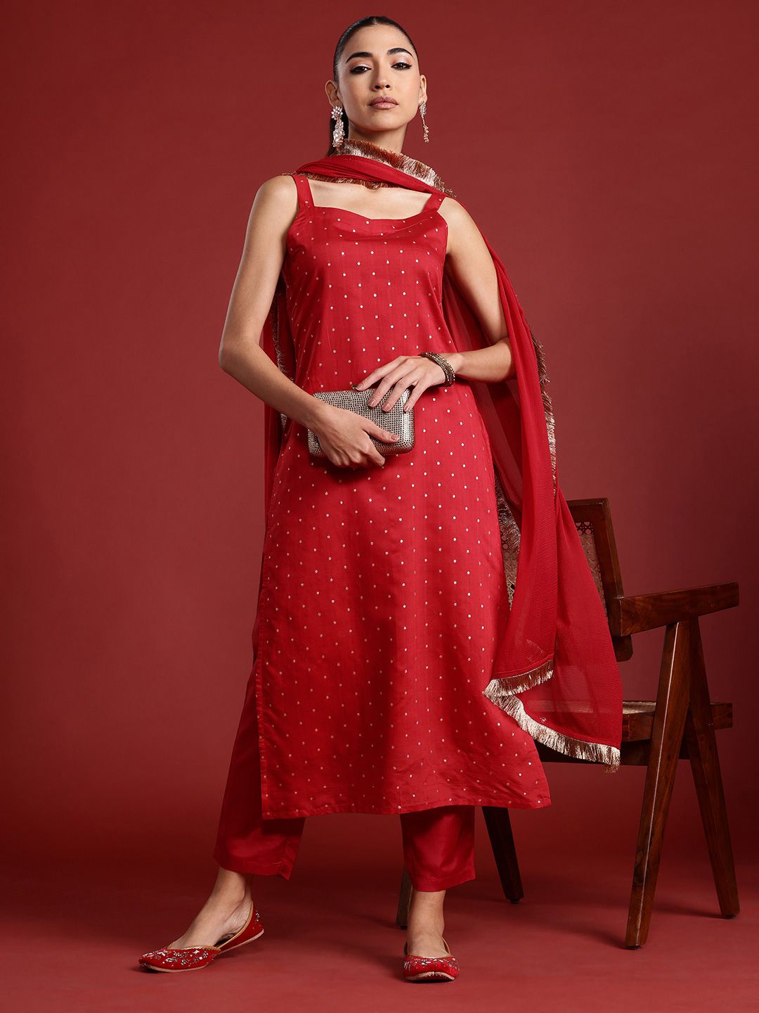 Indyancart IE Zari Chanderi Silk Kurta With Trousers & Dupatta