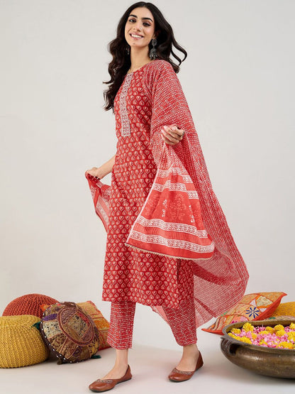 Indyancart IE Ethnic Motifs Printed Pure Cotton Straight Kurta With Trousers & Dupatta