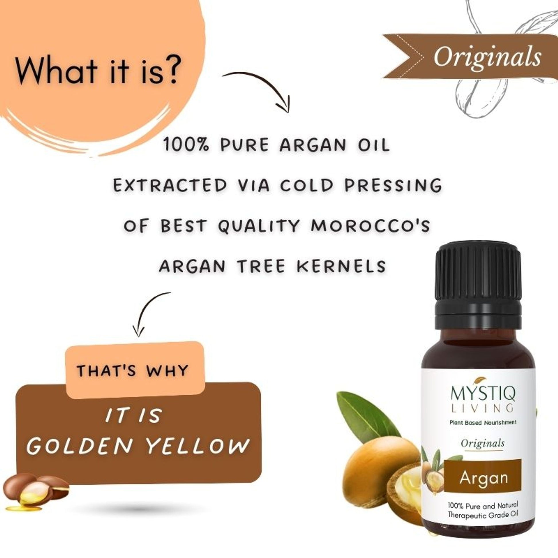 Mystiq Living Moroccon Argan Oil 100% Pure Cold Pressed for Frizz Control of Hair, Beard & Face Care