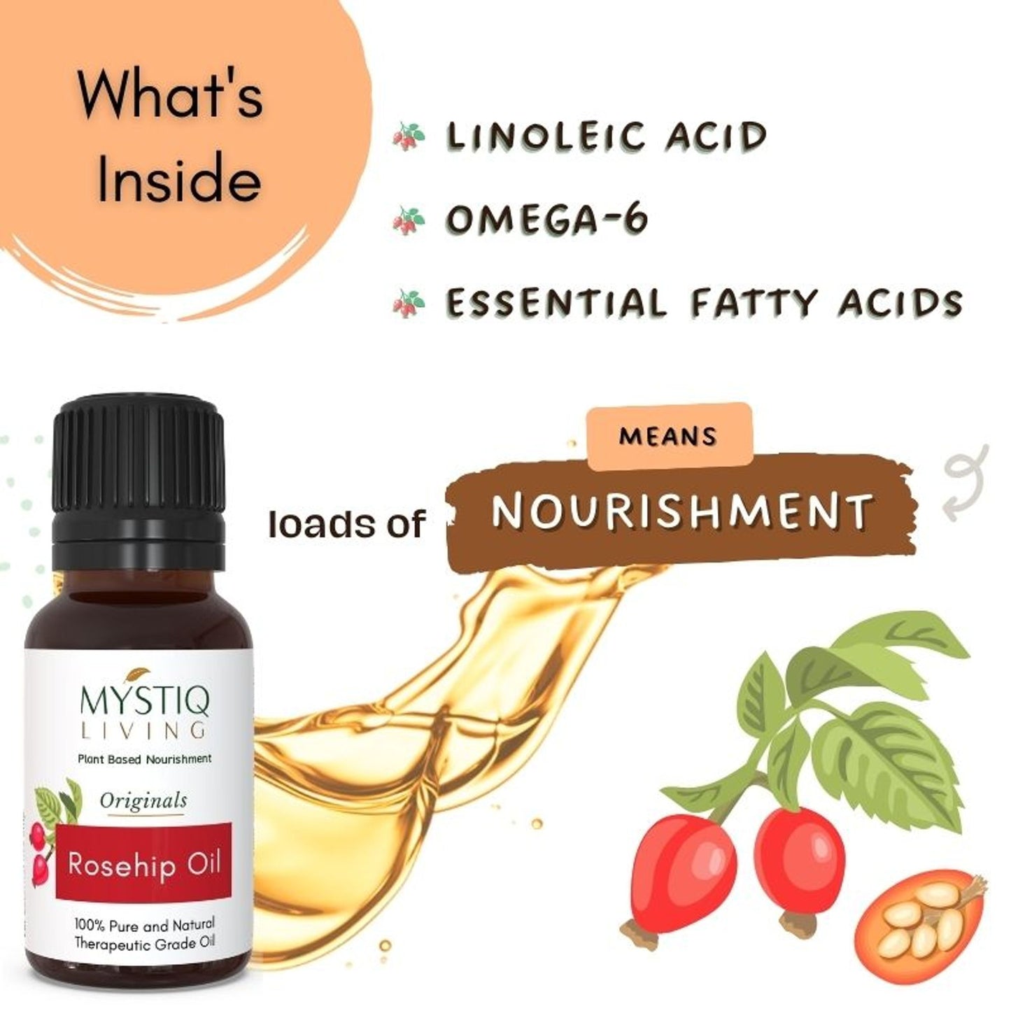 Mystiq Living Rosehip Seed Oil 100% Pure Cold Pressed For Cleansing Facial Oil fro Gua Sha Massage,