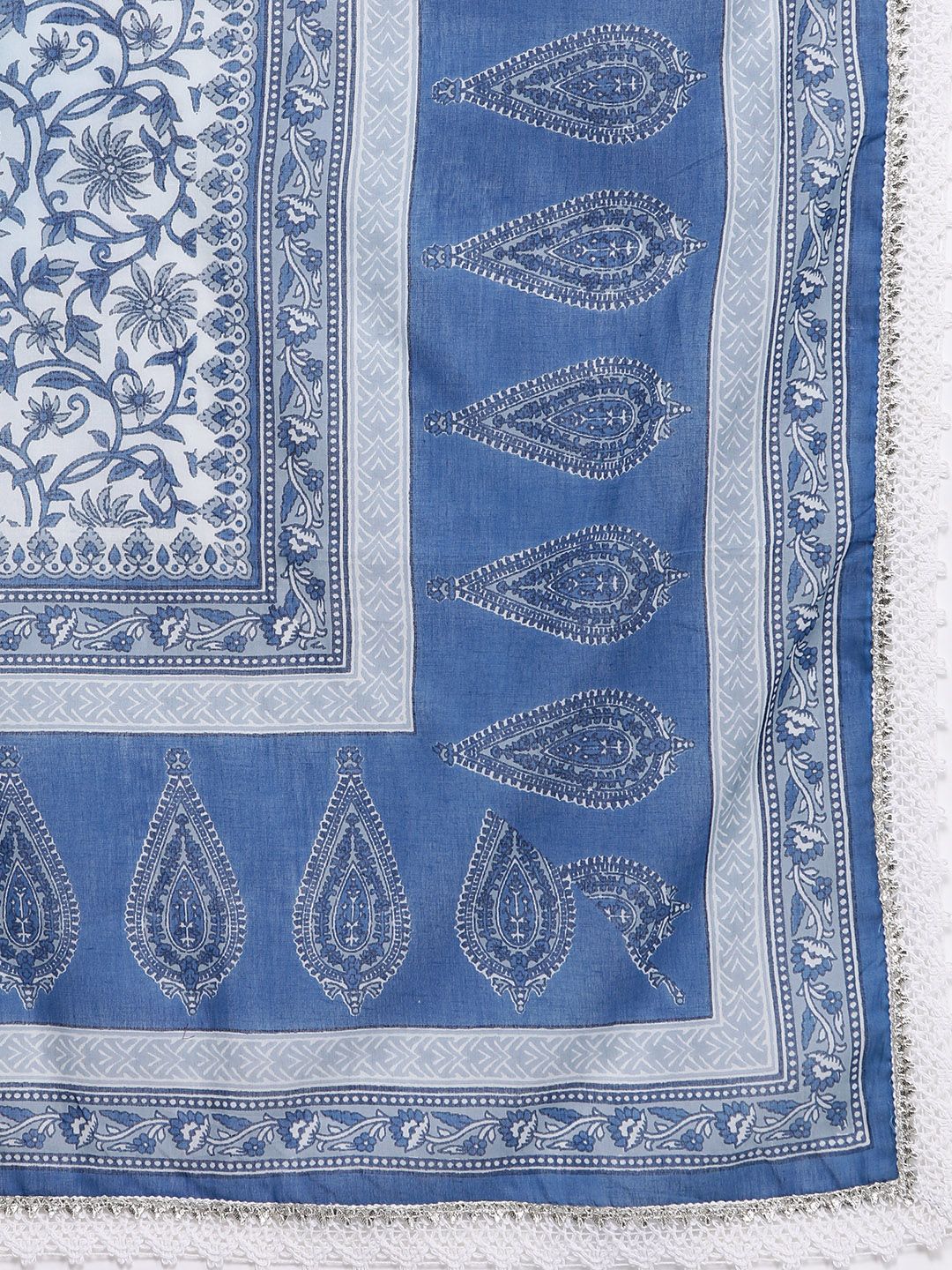 Indyancart VA Women's Blue & Grey Ethnic Printed Pure Cotton Kurta with Trousers & Dupatta