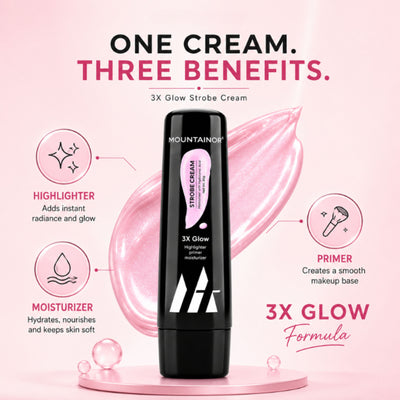 Mountainor 3 In 1 Strobe cream Highlighter + Moisturiser + Primer with Hyaluronic Acid - Pink