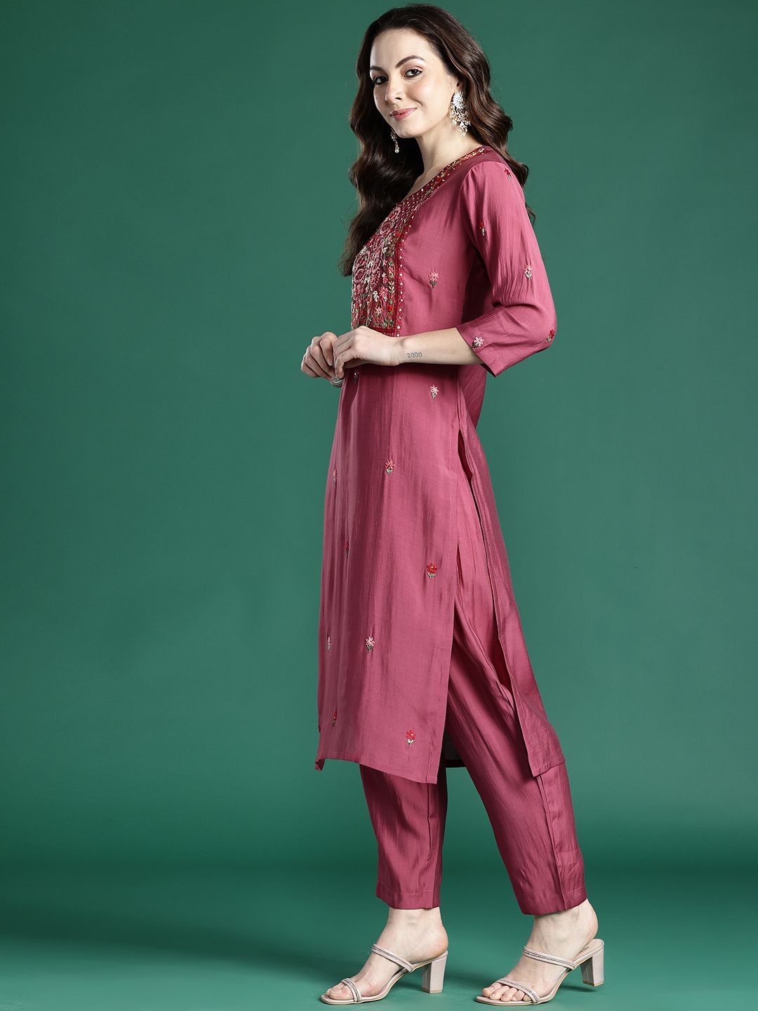 Floral Embroidered Kurta with Trousers & Dupatta