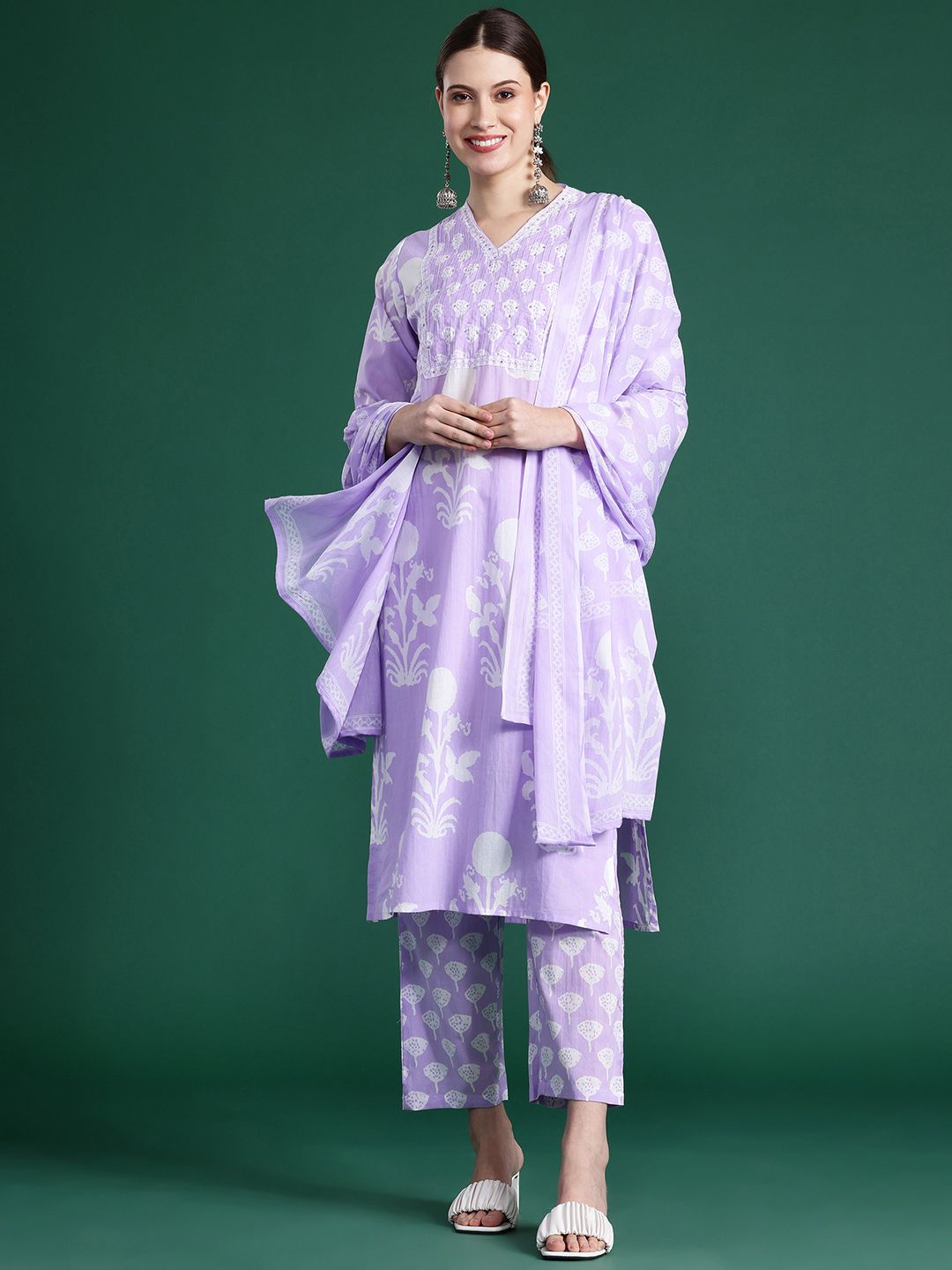 Indyancart IE Floral Printed Sequinned Pure Cotton Kurta With Trousers & Dupatta