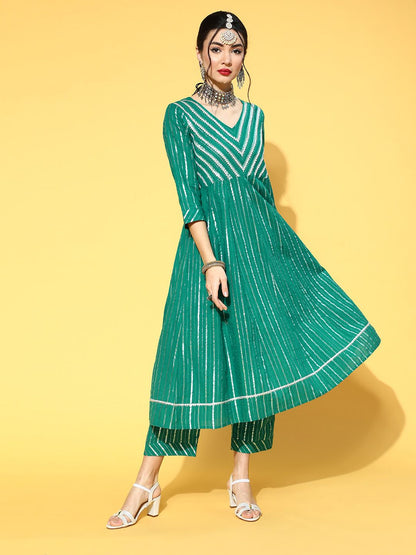 Indyancart VA Women's Green & Silver Striped Gotta Patti Kurta Set