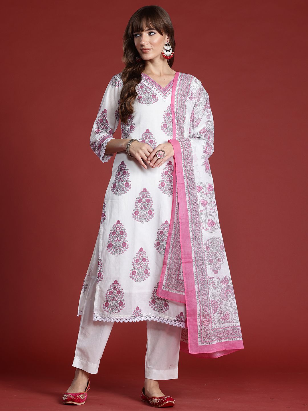 Indyancart IE Floral Printed Sequinned Pure Cotton Kurta with Trousers & With Dupatta