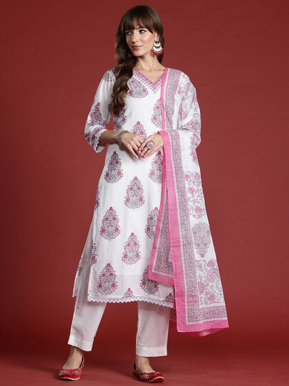 Indyancart IE Floral Printed Sequinned Pure Cotton Kurta with Trousers & With Dupatta