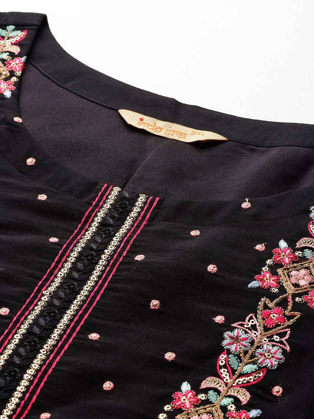 Indyancart Women's Plus Size Floral Embroidered Sequinned Kurta with Trousers & Dupatta
