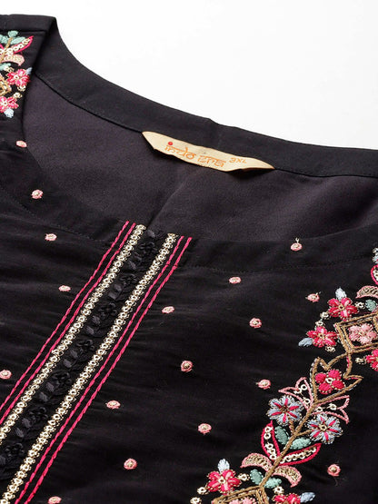 Indyancart Women's Plus Size Floral Embroidered Sequinned Kurta with Trousers & Dupatta