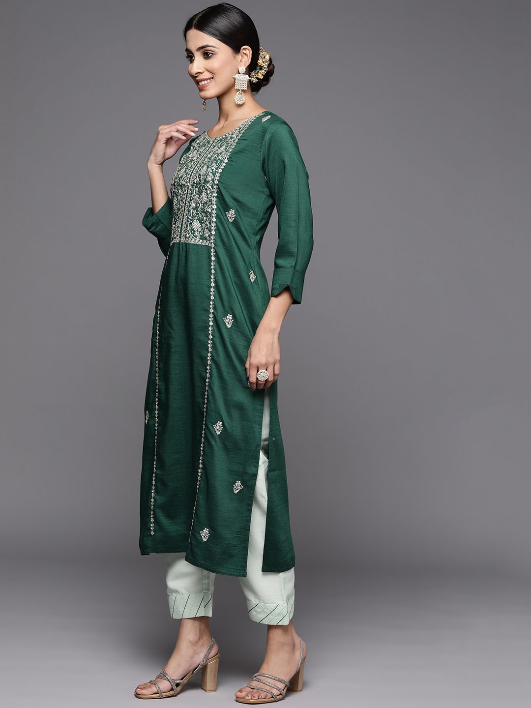 Dhiyona VA Women's Green Embroidered Gotta Patti Pure Cotton Kurta with Trousers & Dupatta