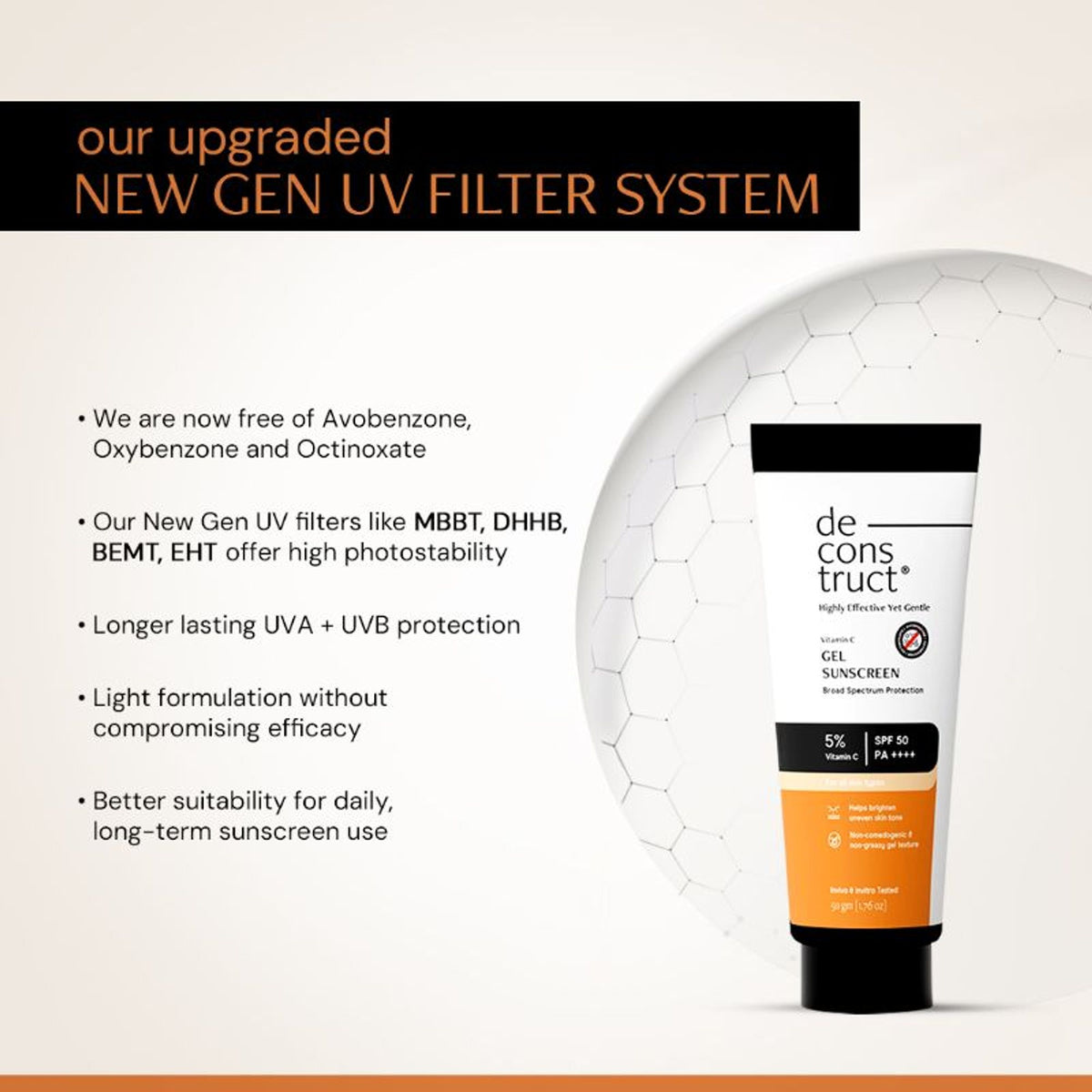Deconstruct 5% Vitamin C Sunscreen SPF 50 PA++++ (In Vivo), Brightens Skin Tone, New Gen Filters