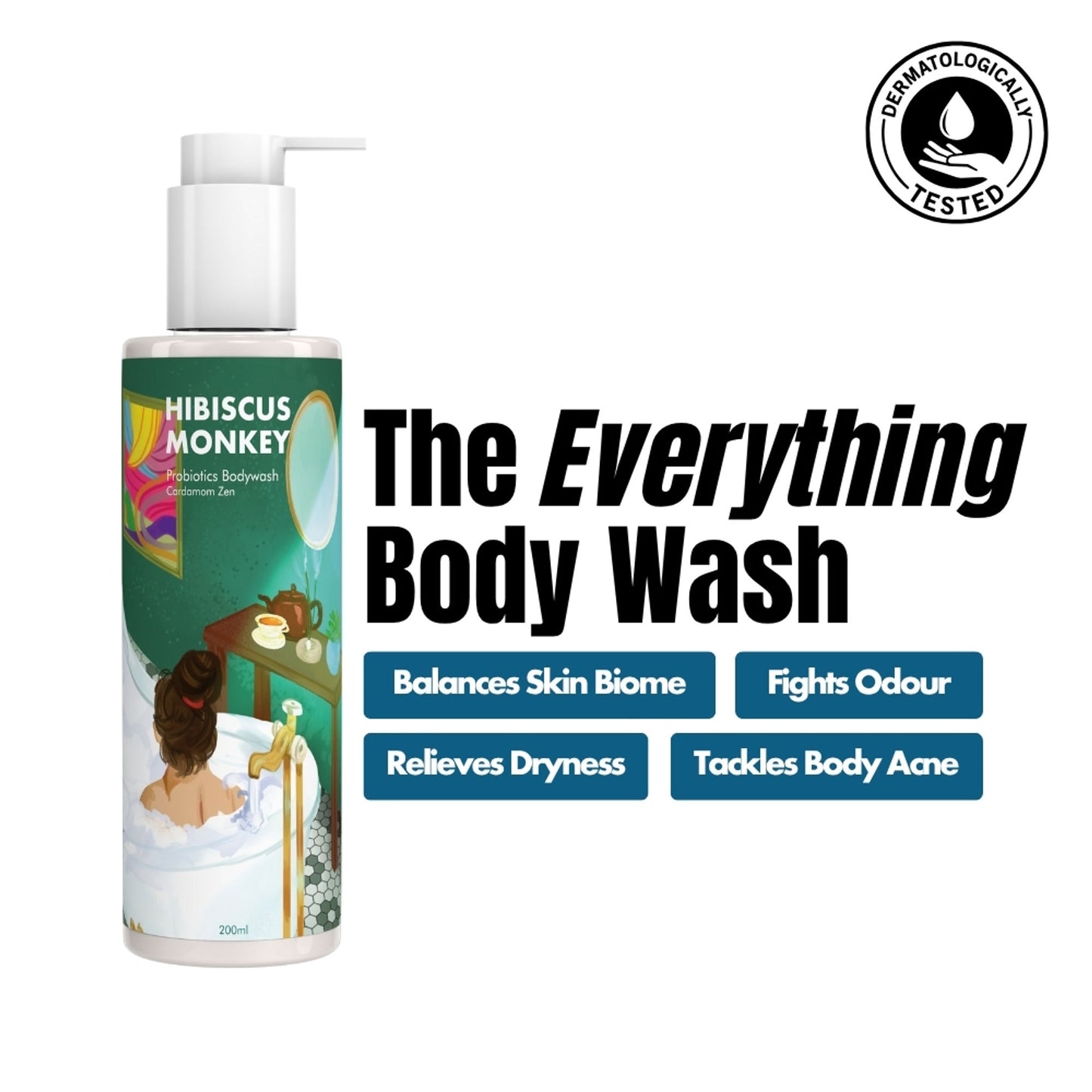 Hibiscus Monkey Probiotics Body Wash, For Skin Biome & Sensitive Skin, pH Balanced, Dermat-tested
