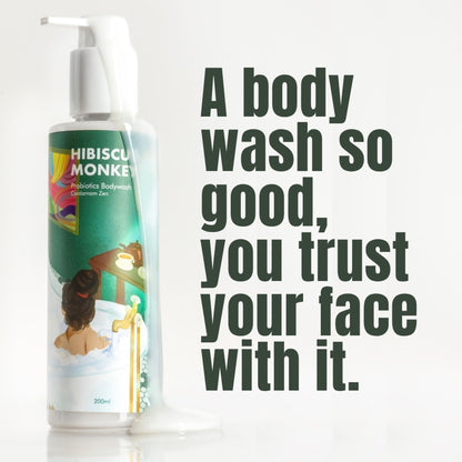 Hibiscus Monkey Probiotics Body Wash, For Skin Biome & Sensitive Skin, pH Balanced, Dermat-tested
