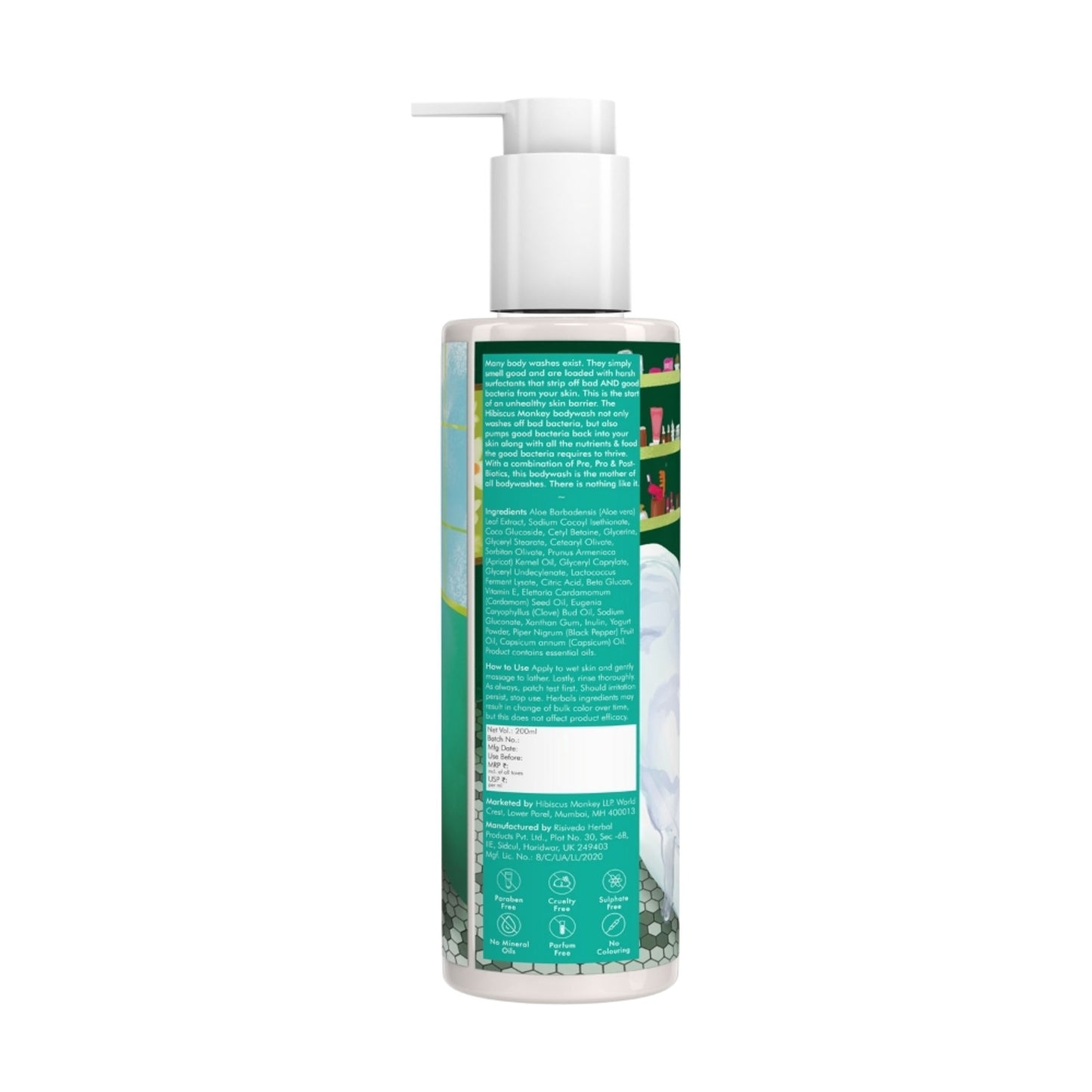 Hibiscus Monkey Probiotics Body Wash, For Skin Biome & Sensitive Skin, pH Balanced, Dermat-tested