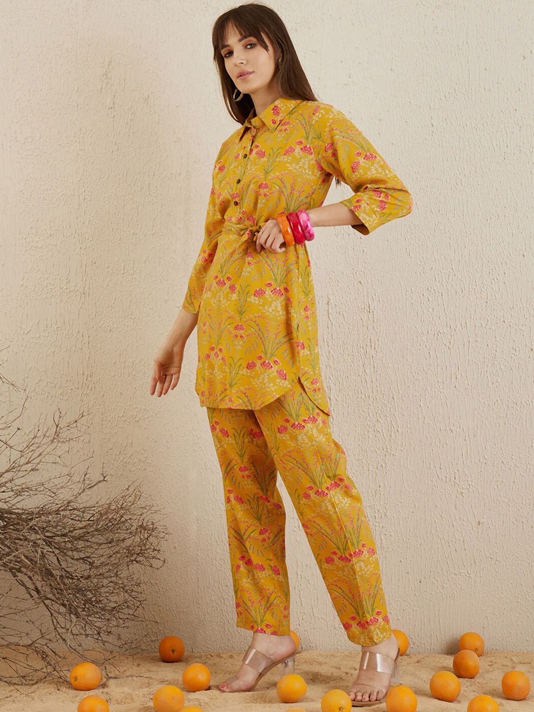 Indyancart IE Floral Printed Shirt Collar Tunic With Trousers