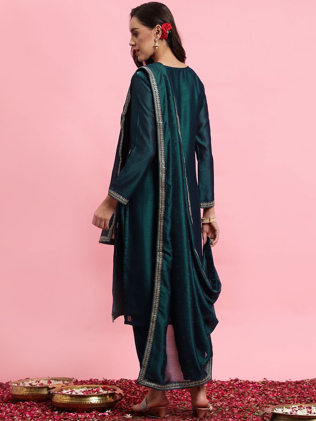 Indyancart IE Embroidered Straight Sequinned Kurta with Trousers & Dupatta