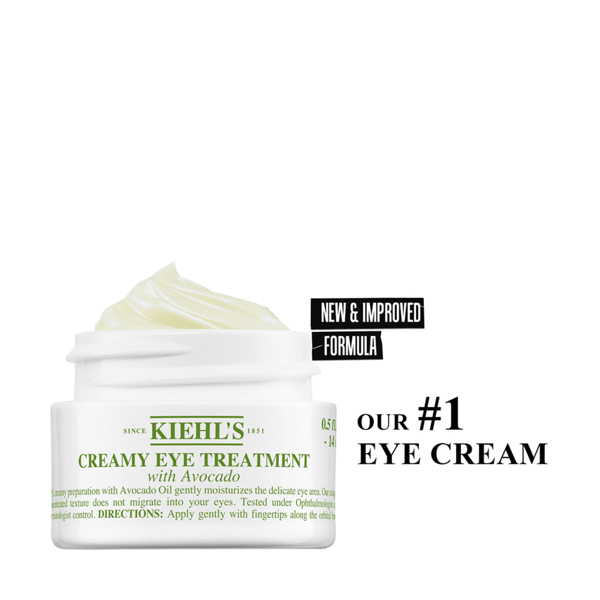 Kiehl's Creamy Eye Treatment with Avocado in a small jar, showing the product's smooth, creamy texture and greenish color.