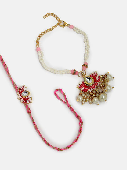 Anouk Unisex Set Of 2 Pink Lotus Shape Kundan-Studded & Beaded Wraparound Rakhi Set