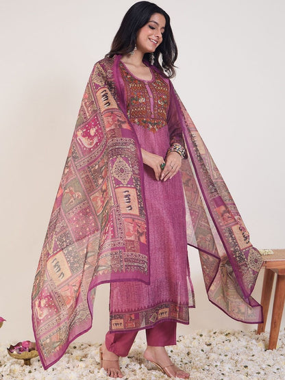 Embroidered Round Neck Thread Work Chanderi Cotton Kurta With Trousers & Dupatta