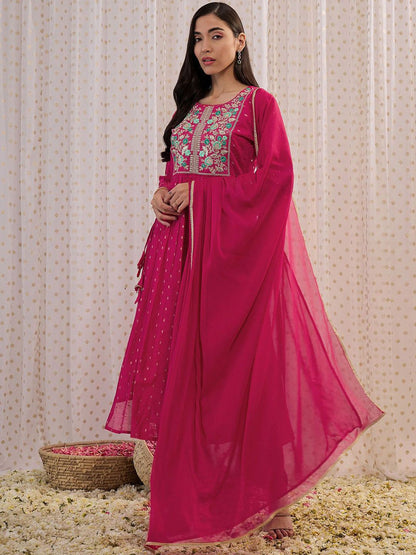 Indyancart IE Floral Embroidered A-Line Kurta with Trousers & Dupatta