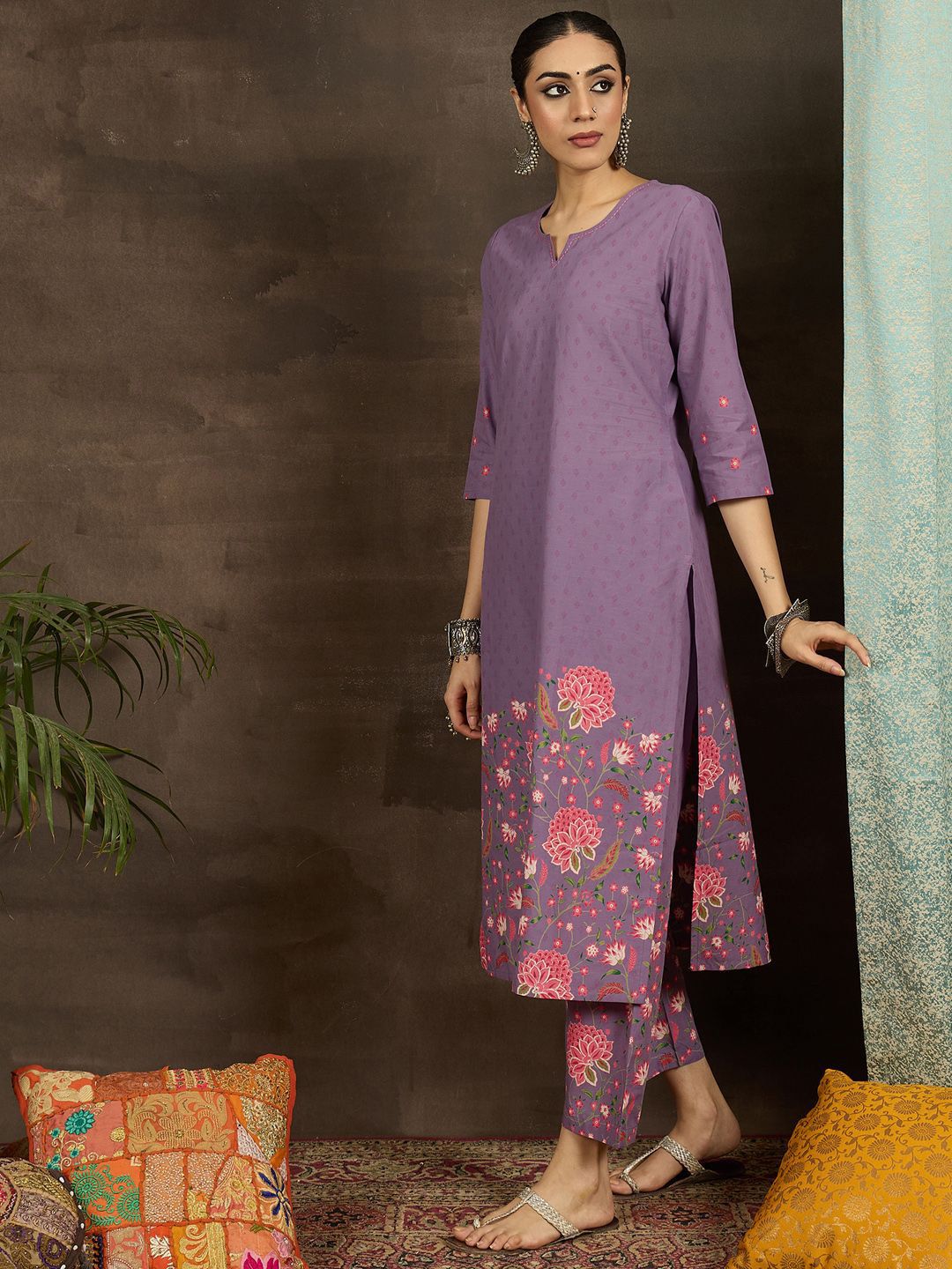 Floral Printed Notch Neck Pure Cotton Straight Kurta With Trousers