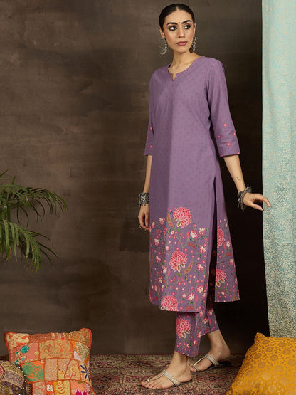 Floral Printed Notch Neck Pure Cotton Straight Kurta With Trousers