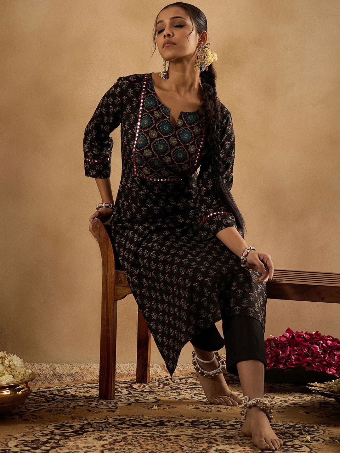 Indyancart IE Floral Printed Notch Neck Mirror Work Pure Cotton Straight Kurta