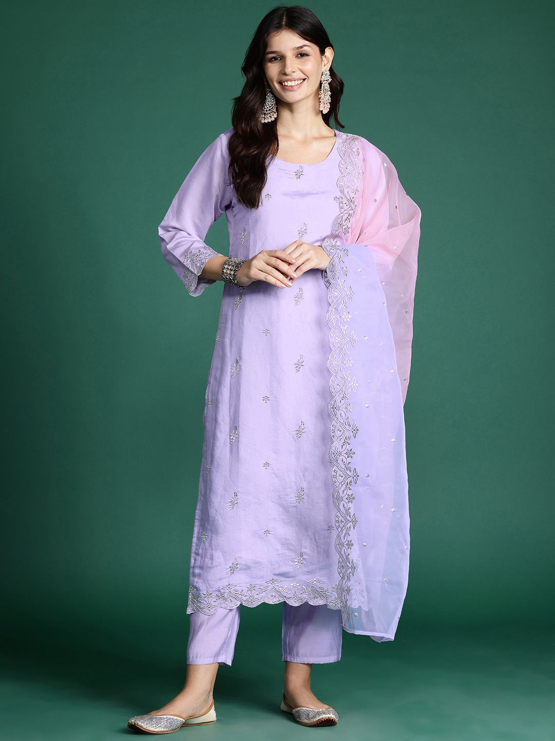 Indyancart IE Floral Embroidered Kurta with Trousers & With Dupatta