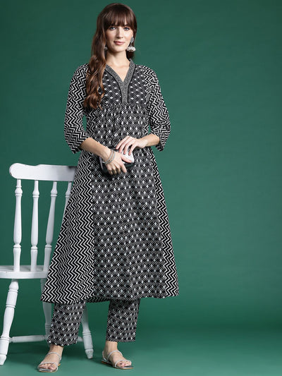 Dhiyona IE Printed Panelled Pure Cotton Kurta with Trousers