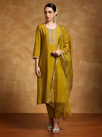 Indyancart VA Women'sFloral Embroidered Zari Straight Kurta With Trousers And Dupatta