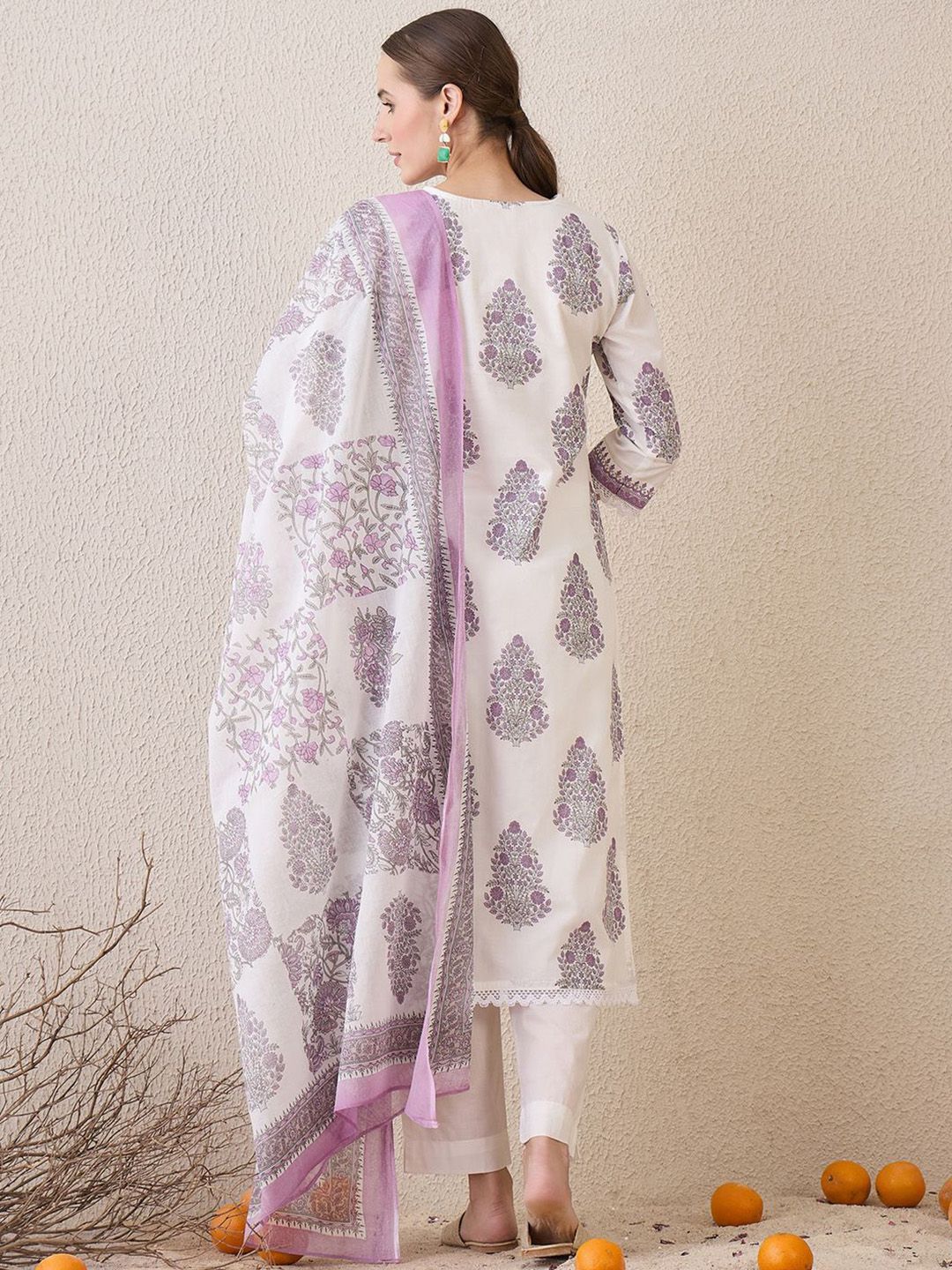 Indyancart IE Floral Printed V-Neck Pure Cotton Sequinned Kurta With Trousers & Dupatta