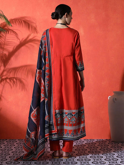Indyancart SN Women's Floral Embroidered 100% Cotton Round Neck Kurta & Trousers With Dupatta