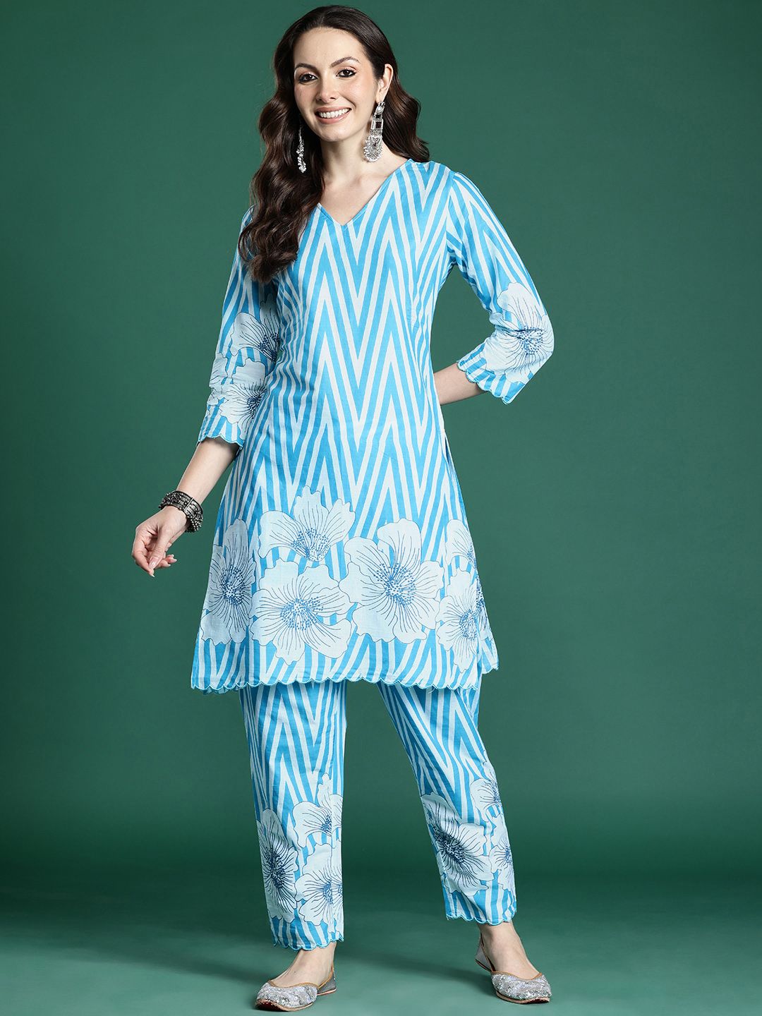 Floral Printed Pure Cotton Kurta with Trousers