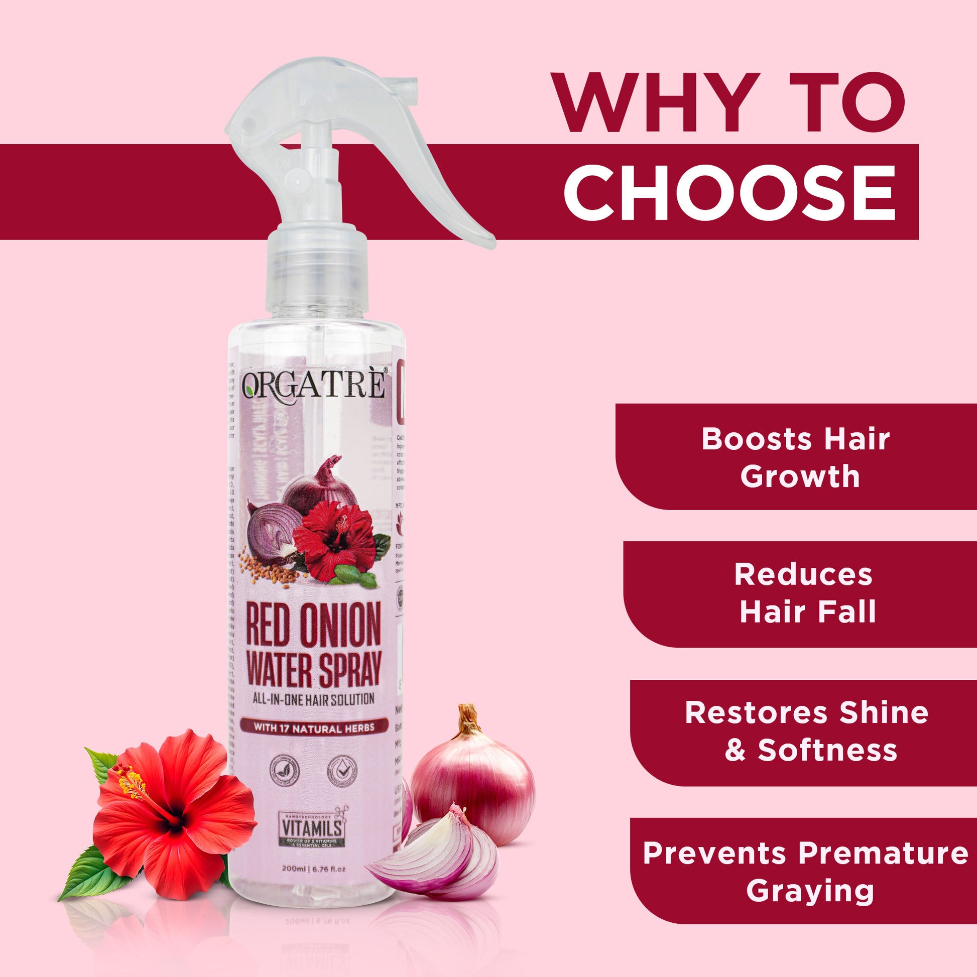 Orgatre Red Onion Water Spray - Hair Fall Control & Hair Growth Spray with 17 Natural Herbs