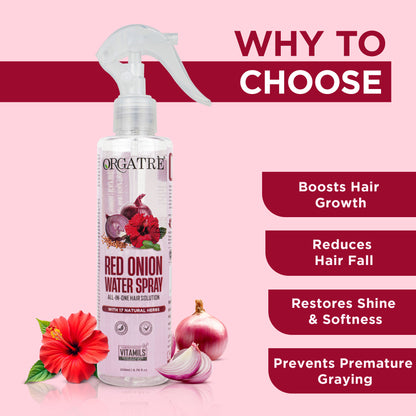 Orgatre Red Onion Water Spray - Hair Fall Control & Hair Growth Spray with 17 Natural Herbs