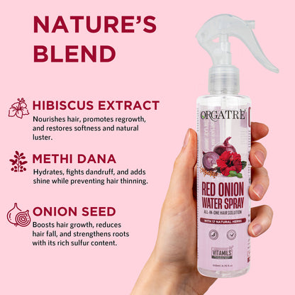 Orgatre Red Onion Water Spray - Hair Fall Control & Hair Growth Spray with 17 Natural Herbs