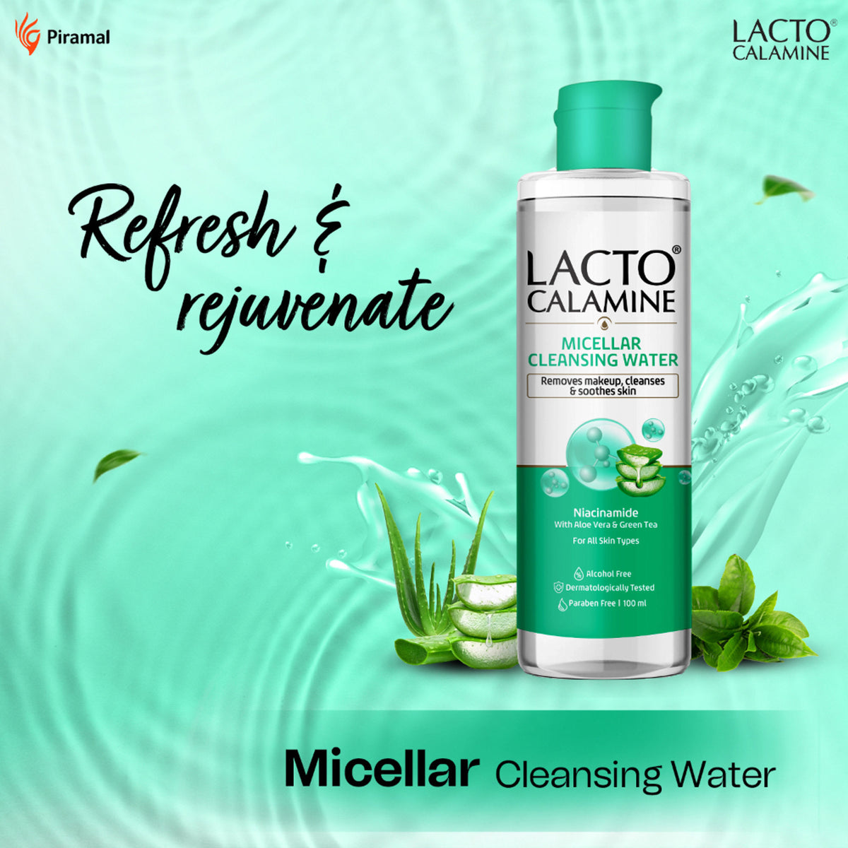 Lacto Calamine Micellar Cleansing Water,Removes Makeup & Clears Skin With Aloe Vera & Green Tea