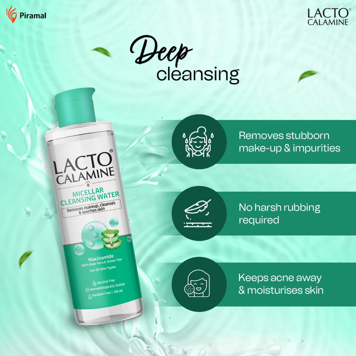 Lacto Calamine Micellar Cleansing Water,Removes Makeup & Clears Skin With Aloe Vera & Green Tea