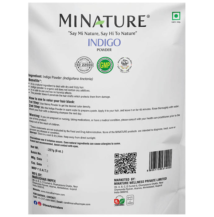 Minature Indigo Organic Powder for hair masks, showing a close-up of the vibrant blue powder in a container.
