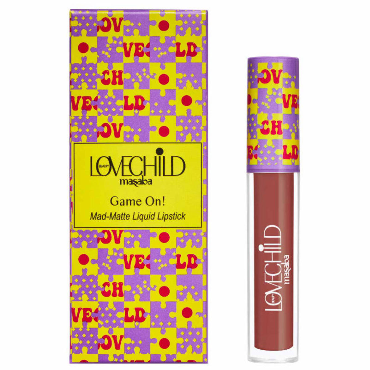 LoveChild Masaba Mad matte transfer-proof liquid lipstick in 12 It Fits, enriched with jojoba and macadamia oil, shown in a sleek tube.