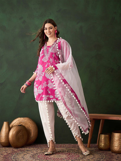 Indyancart SN Women's Pink Floral Printed Mirror Work Straight Kurti With Dhoti Pants & Dupatta