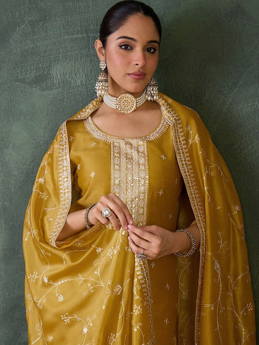 Women Embroidered Regular Sequinned Kurta with Trousers & Dupatta