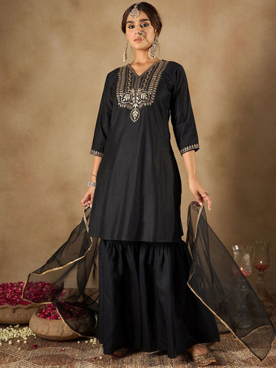 Indyancart IE Women Ethnic Motifs Embroidered Regular Liva Kurta with Sharara & With Dupatta