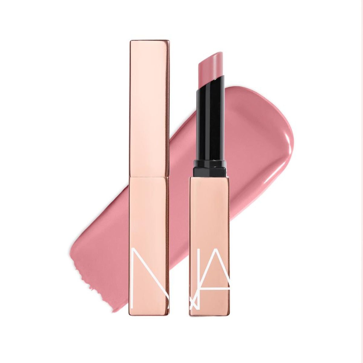 NARS Afterglow Sensual Shine Lipstick in First Move, showcasing a smooth, glossy lipstick tube with a sleek black casing.