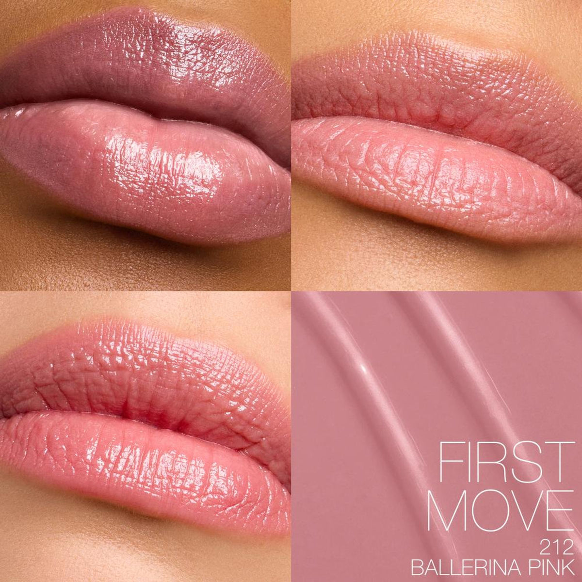 NARS Afterglow Sensual Shine Lipstick in First Move, close-up of the lipstick tube with a sleek black design and shiny silver accents.