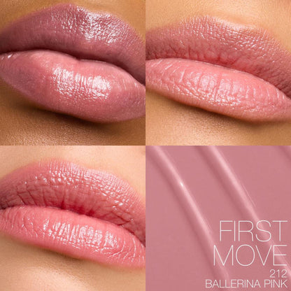 NARS Afterglow Sensual Shine Lipstick in First Move, close-up of the lipstick tube with a sleek black design and shiny silver accents.
