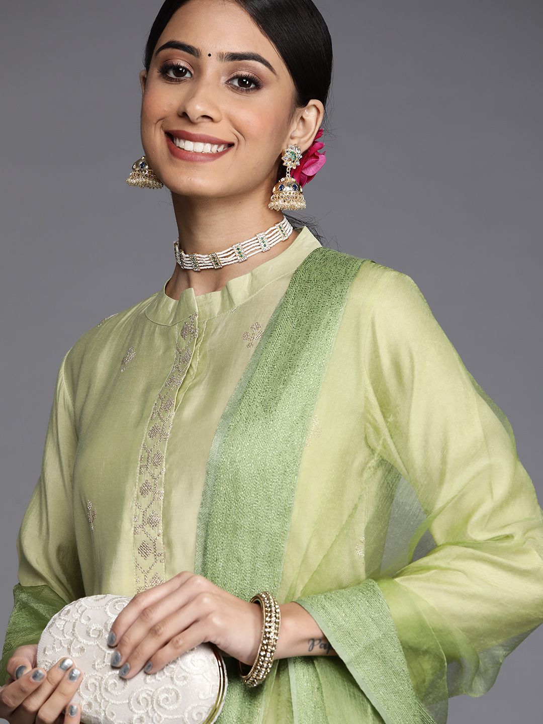 Indyancart VA Women's Green Embroidered Empire Kurta with Trousers & With Dupatta