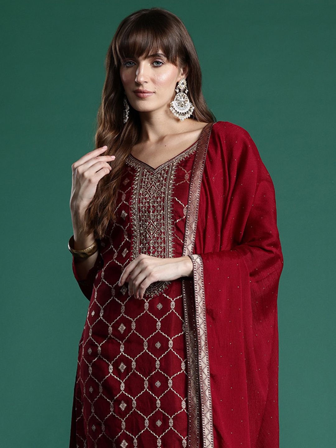 Indyancart IE Embroidered Jacquard Zari Kurta With Trousers & Dupatta