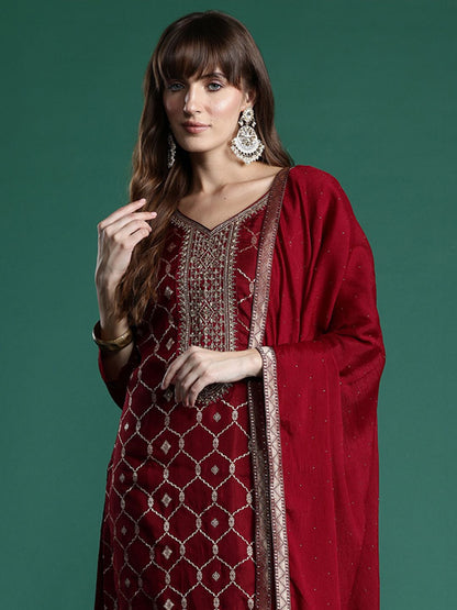 Indyancart IE Embroidered Jacquard Zari Kurta With Trousers & Dupatta
